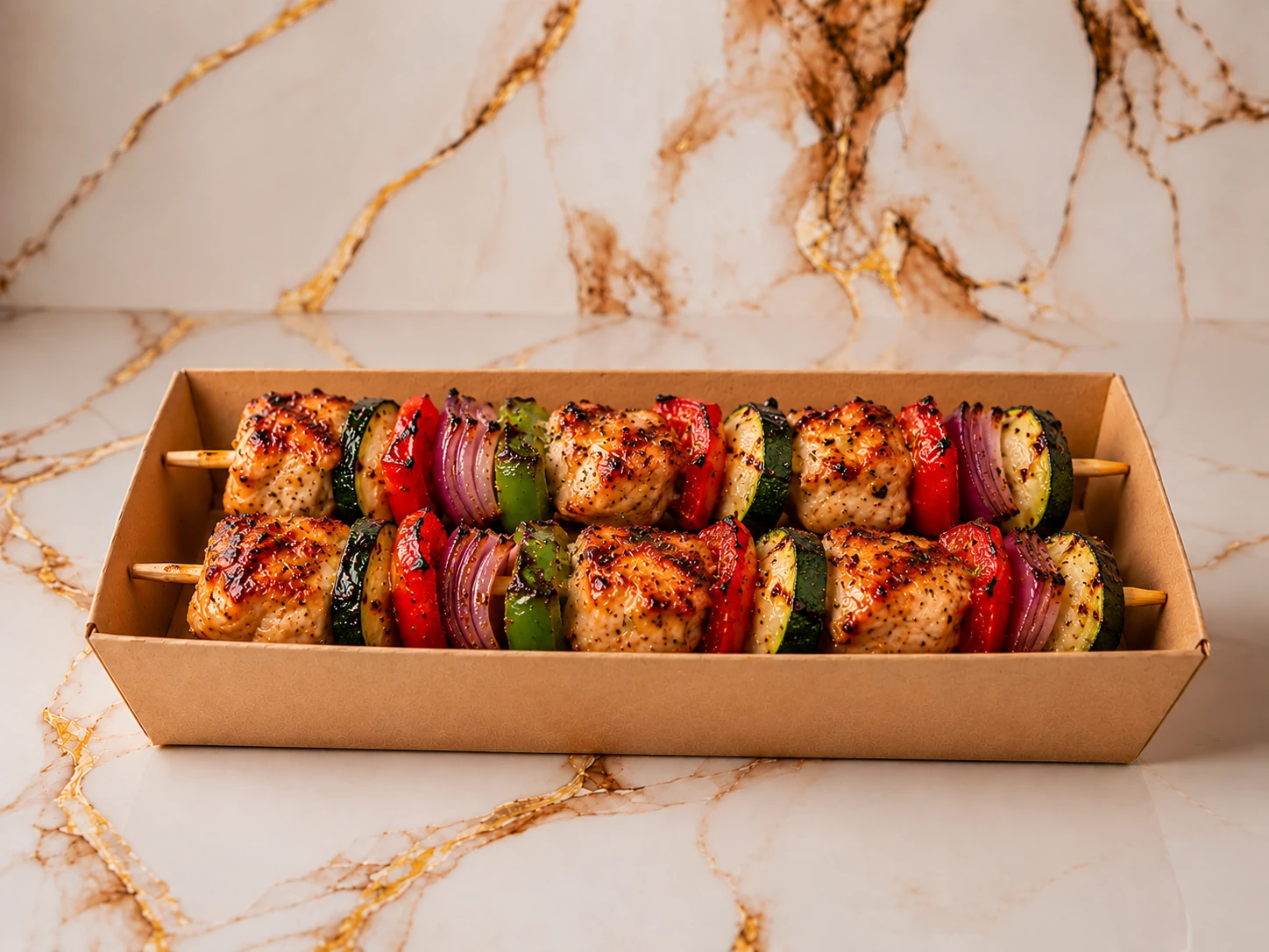Two grilled chicken breast skewers with peppers onions and courgette in a plain brown kraft tray