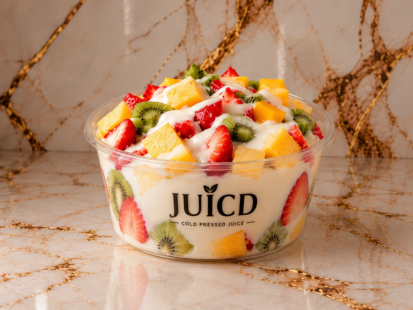 JUICD fruit and cream bowl with official-style black branding fully visible