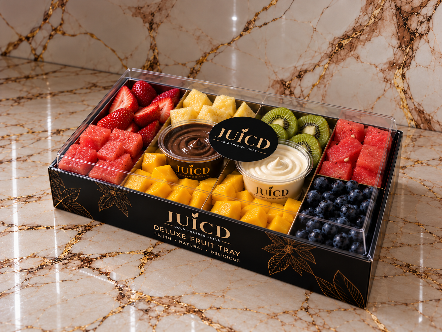 JUICD deluxe fruit tray with champagne-gold branding and fresh fruit