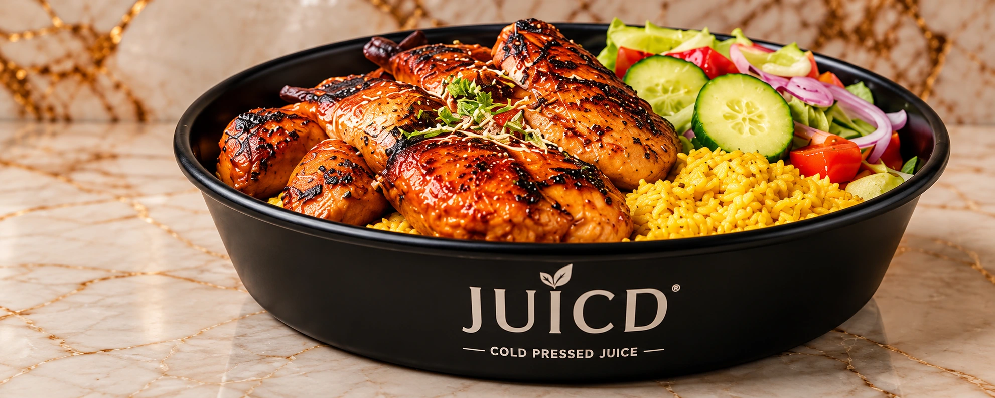 Grilled chicken and rice bowl with fresh salad