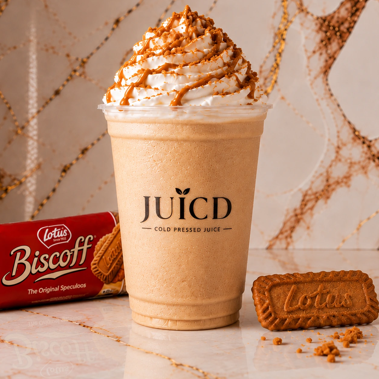 JUICD Biscoff signature milkshake with whipped cream