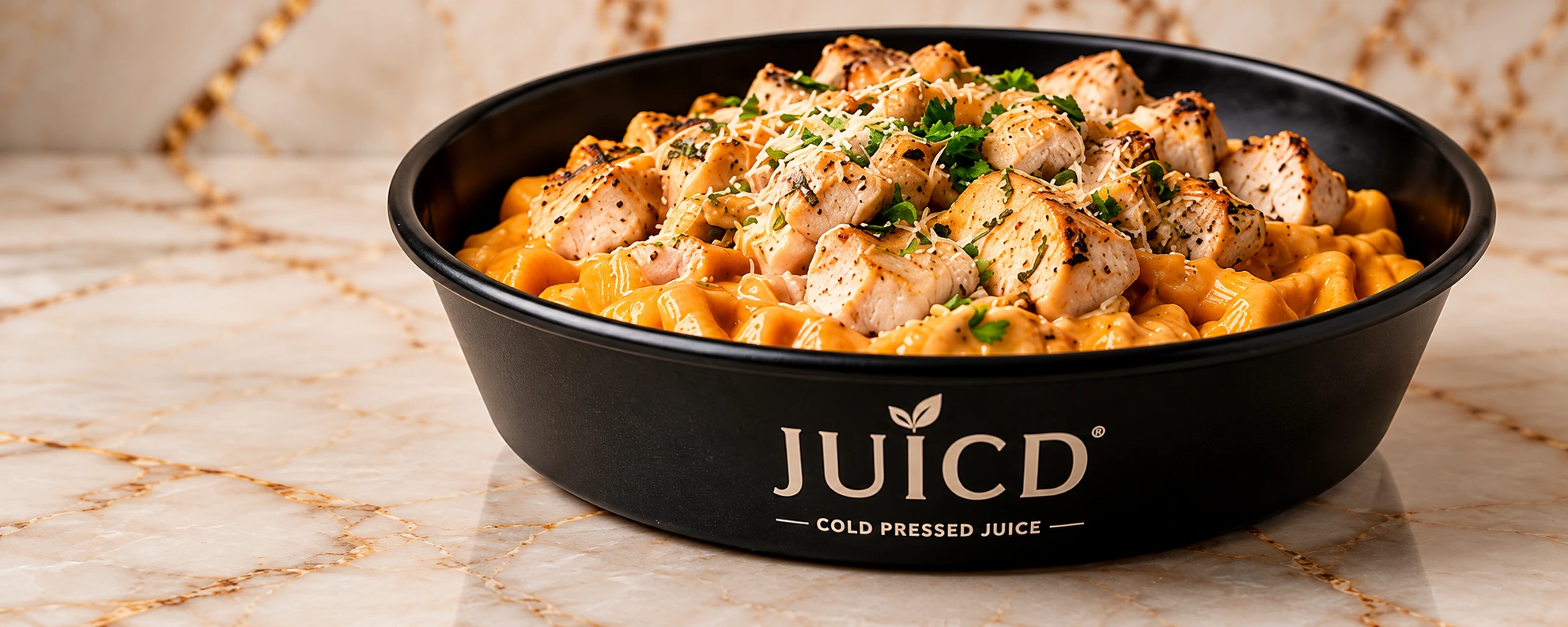 Creamy chicken pasta in a black serving bowl