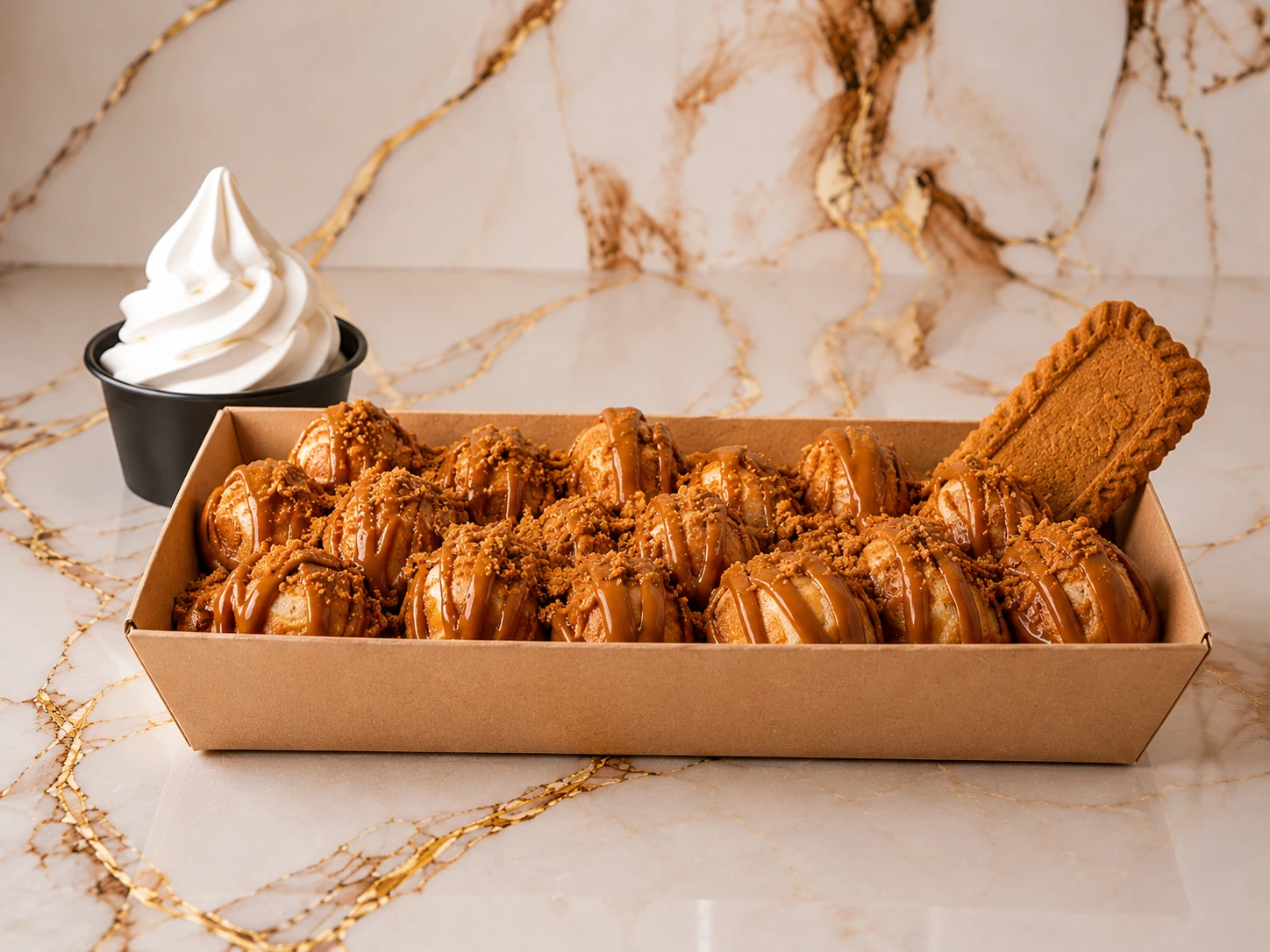 Biscoff waffle balls in unbranded brown tray with soft serve ice cream
